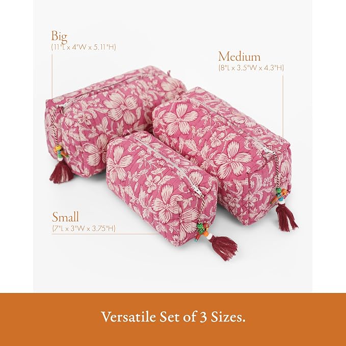Saffron Marigold Quilted Makeup Bag Set of 3, Hand Block Printed Cotton Cosmetic Bags for Women, Waterproof Lined Travel Toiletry Bag, Coquette Floral Aesthetic, Handmade Gift, Mauve Mist Oleander