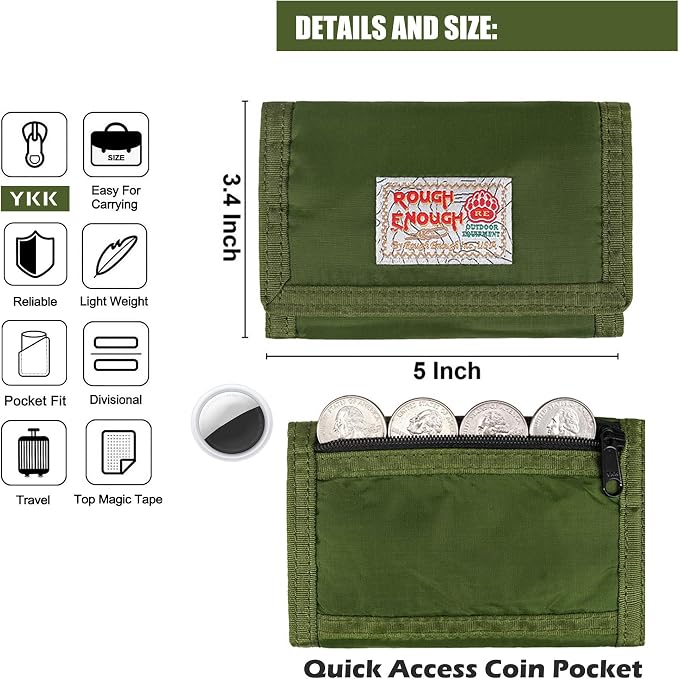Rough Enough Kids Wallet for Boys Teens with Neck Lanyard Keychain Zipper Coin Pocket Card Holder Army Green Soft Nylon