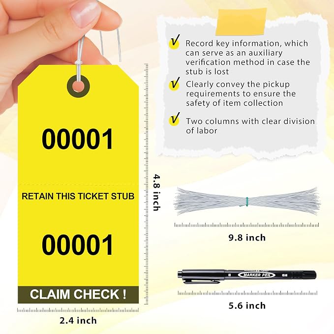 1000 Pcs Duplicate Auto Park Tags (Numbered 1-1000) 4.72" x 2.36" Inch Valet Parking Tickets with Strings Claim Check Tags with Marker for Valet Coat Check and Hotel Luggage Tags (1000, Yellow)