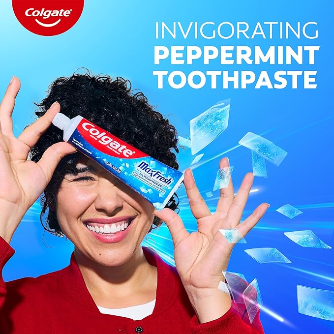 Colgate MaxFresh Cool Mint Toothpaste, Travel Size Toothpaste for Bad Breath with Fluoride and Hundreds of Mini Breath Strips, Leaves Mouth Feeling Refreshed for Hours, Fights Cavities, 1.0 oz