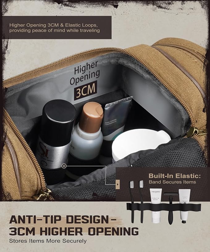 ARCFOX Travel Hanging Toiletry Bag for Men, Vintage Canvas Large Toiletry Bag with 7 Compartments, Camping Gym Travel Toiletry Kit Organizer with PVC Wet & Dry Pockets, Personalized Wash Bag, Brown