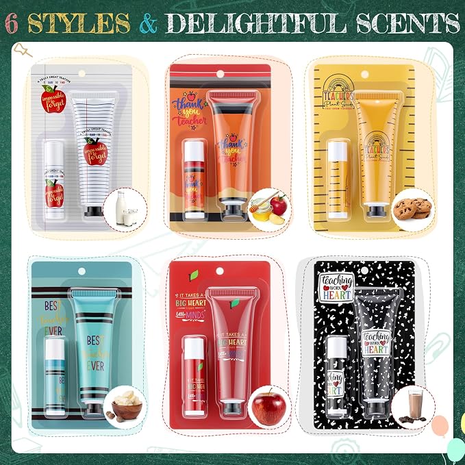 Loopeer 24 Sets Teacher Appreciation Gifts Bulk Hand Cream & Lip Balm Set Thank You Gifts for Teachers Staff Coworkers End of Year Graduation Travel Size Lotion Party Favors