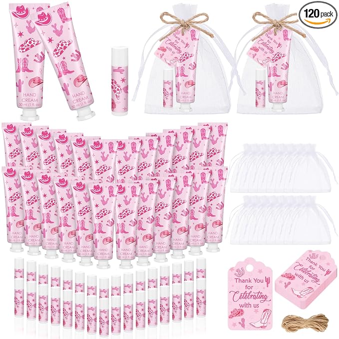 30 Sets Pink Cowgirl Hand Creams and Lip Balms Gift Bulk Western Bridal Shower Party Hand Lotion and Lip Balm First Rodeo Party Favors for Birthday Supplies