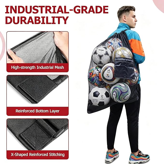 Extra Large Mesh Ball Bag with Pocket, Holds 13 Soccer Balls, 10 Basketballs, Heavy Duty Drawstring Net Bag, Team Coaches Sports Equipment Storage Duffle Sack for Volleyball, Swimming Gear