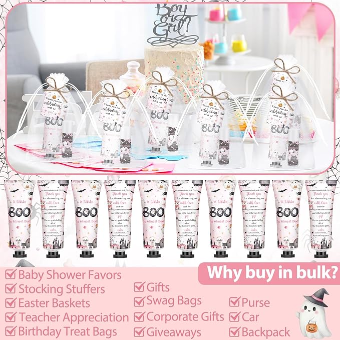 50 Sets 200 Pcs Pink Boo Baby Shower Hand Lotion and Lip Balm Gift Theme Baby Shower Party Favors Travel Size Hand Lotion and Lip Balm Bulk with Organza Bags Tags