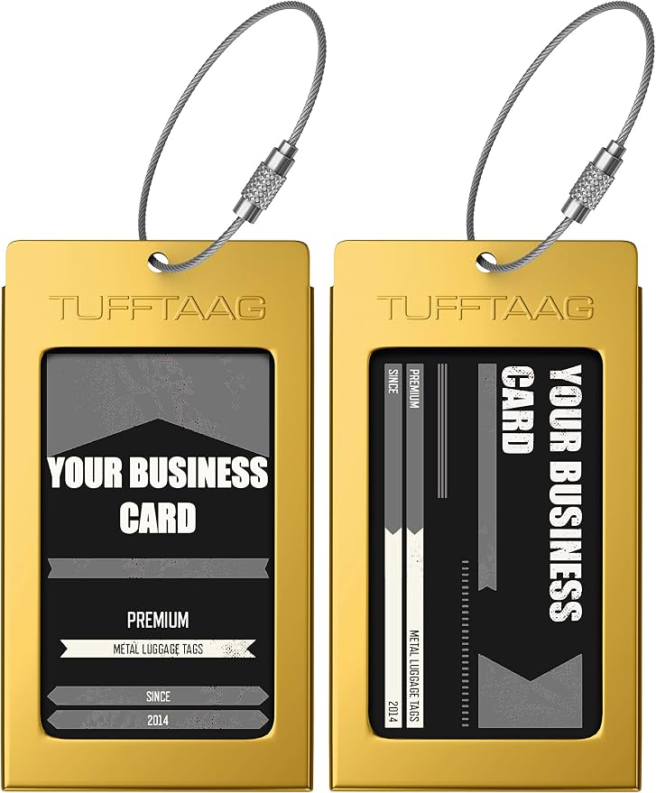 Luggage Tags Business Card Holder by TUFFTAAG - Durable Travel ID Bag Tag, Gold Aluminum, 2 Tags