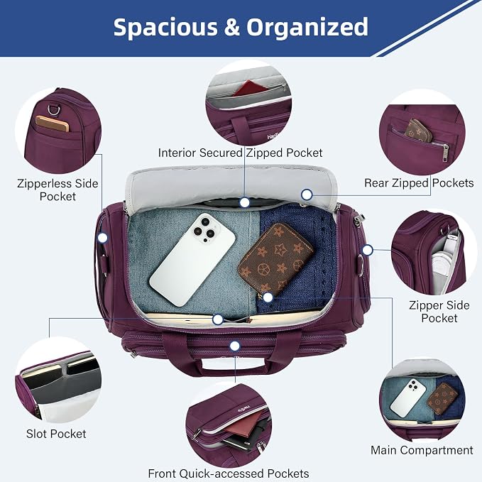 HanTrip Carry on Duffel Bag Foldable Duffle Bags for Travel, Under Seat Personal Item Bags for Airplanes, Weekender Overnight Mens Travel Tote Bag for Women Small Softside Carry on Luggage (Purple)