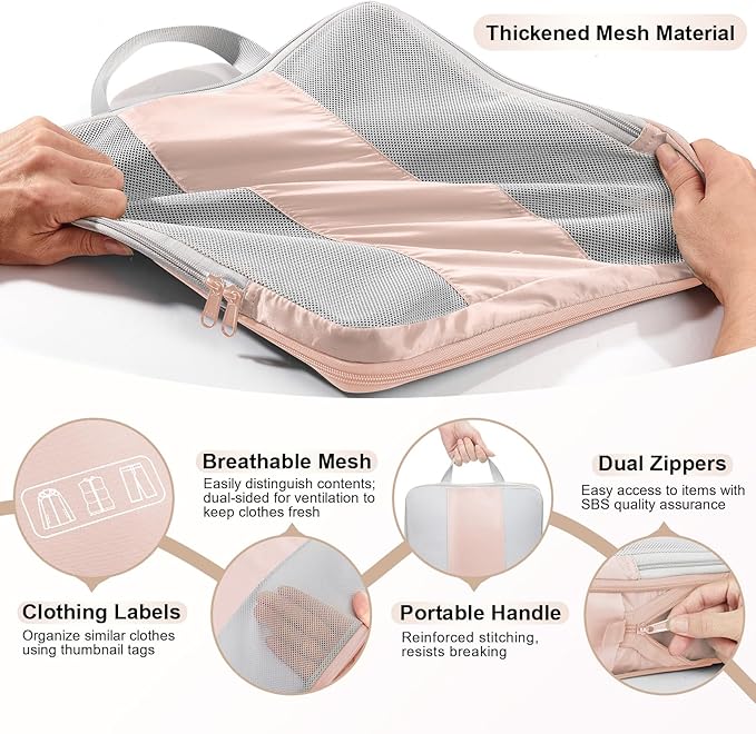 OlarHike 8 Set Compression Packing Cubes for Travel Gifts Mom Women,Airplane/Cruise/Car Travel Essentials,Compressible Expandable Saver Space Bags,Luggage Clothes Garment Bags for Travelers(Beige)