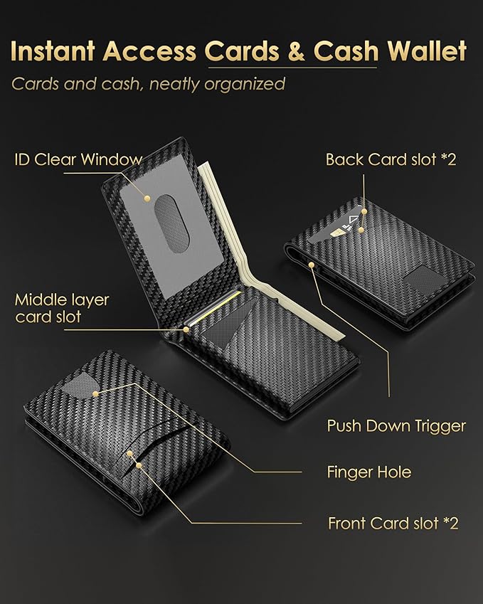 2026 Upgraded Minimalist Wallet for Men - RFID Blocking Credit Card Holder Case Leather Pop Up Aluminum Wallet with Cash Slot, Front Pocket ID Window Gift Boxed (Carbon Fiber - with Airtag Holder)