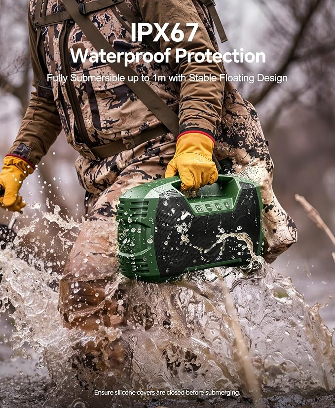 IPX7 Waterproof Outdoor Bluetooth Speaker, Wireless, 90W(Peak), 32H Playtime, Floating Design, Deep Bass & Loud Stereo Sound, Portable with Handle, Rugged for Pool, Beach, Kayaking, Hiking, Green