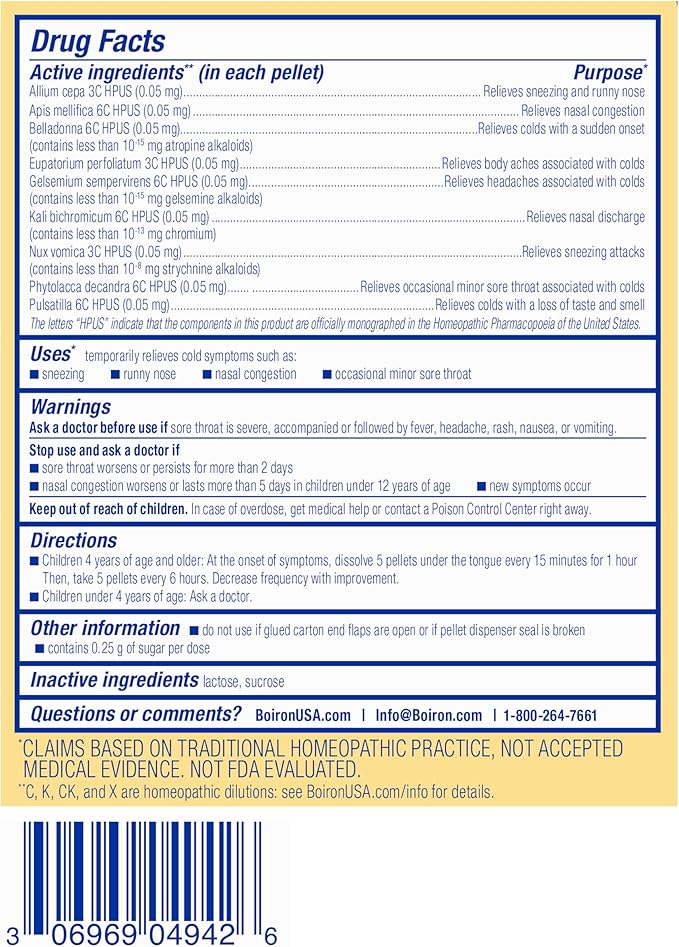 Boiron ColdCalm Kids Pellets for Relief of Common Cold Symptoms Such as Sneezing, Runny Nose, Sore Throat, and Nasal Congestion - (320 Total Pellets), 80 Count(Pack of 4)