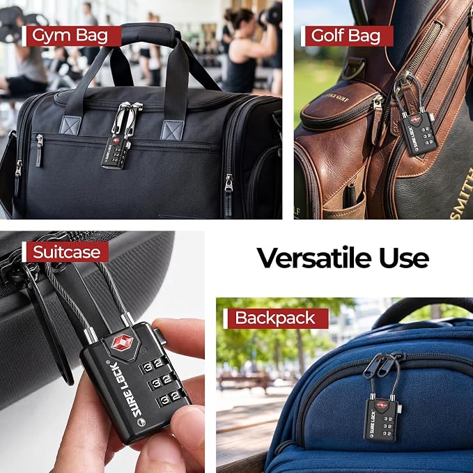 SURE LOCK TSA Compatible Travel Luggage Locks, Inspection Indicator, Easy Read Dials TSA Approved with Zinc Alloy (1, Black 8 Pack)