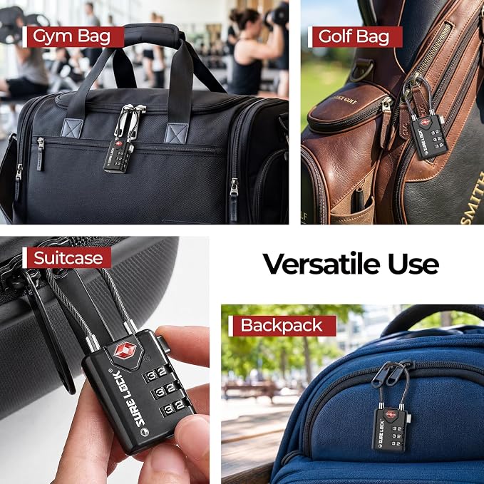 SURE LOCK TSA Approved Luggage Locks with Open Alert Indicator, 3 Digit Combination Cable Travel Lock for Suitcase, Backpack, Gym Locker, Toolbox & Travel Bag（1 Black）