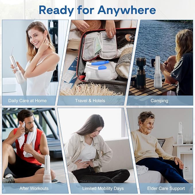 Portable Bidet for Travel & Foldable bottom buddy wiping aid for women, Electric Rechargeable 400ml Handheld Sprayer (3 Modes, IPX7, Type-C, 180° Nozzle) , Locking Clip, 2 Nozzles, Storage Bag (White)