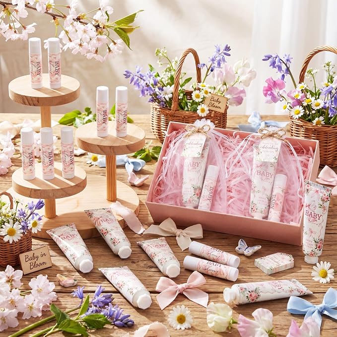 24 Sets Baby in Bloom Hand Cream and Lip Balm Gift Wildflower Floral Baby Shower Favors for Guest Travel Size Hand Lotion and Lip Balm Bulk Babies Shower Birthday Party Supplies