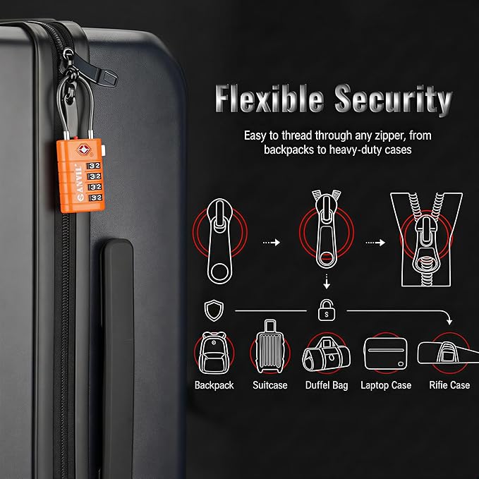 ANVIL TSA Approved Luggage Locks with Search Alert Indicator, 4-Digit Combination Suitcase Lock, Advanced TSA008 Core Heavy Duty Anti-Theft Travel Lock for Double Zippers, Backpacks