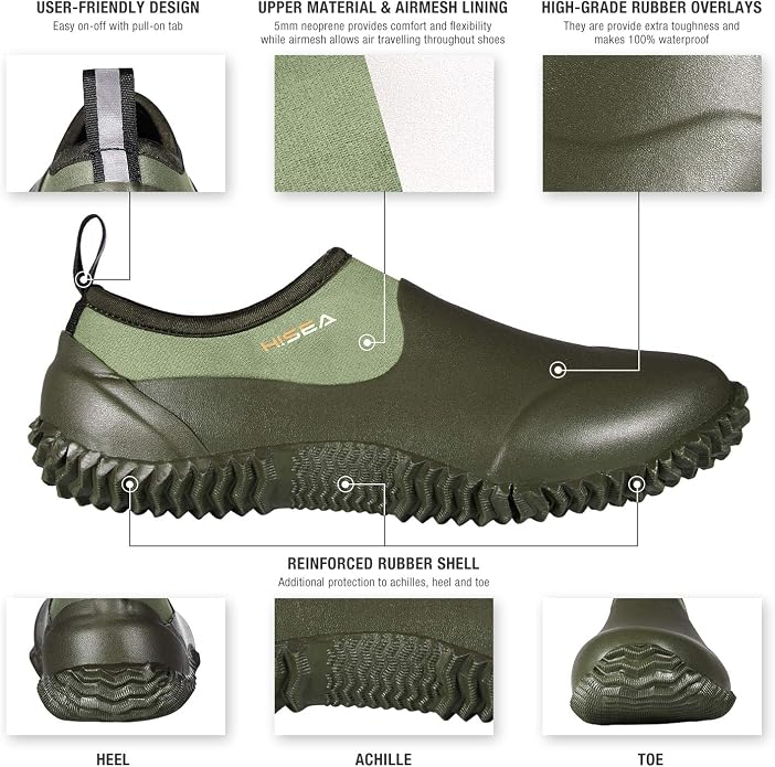 HISEA Unisex Garden Shoes, Waterproof Slip-On Rain Boots for Men and Women, Neoprene Rubber Rain Shoes Outdoor Ankle Booties for Gardening, Farming, Camping, Dog Walking, Car Wash, Lawn Care and Yard Work