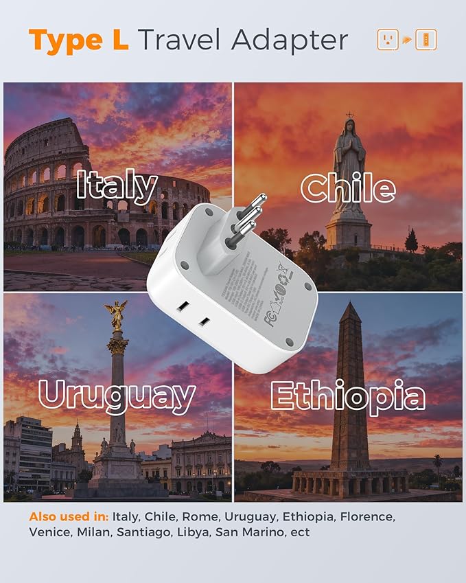 TESSAN Italy Travel Plug Adapter 2 Pack, Italy Power Adaptor with 4 Outlets 3 USB Charger(1 USB C PD 20W), Type L Adapter for US to Chile Libya Syria Tunisia Uruguay