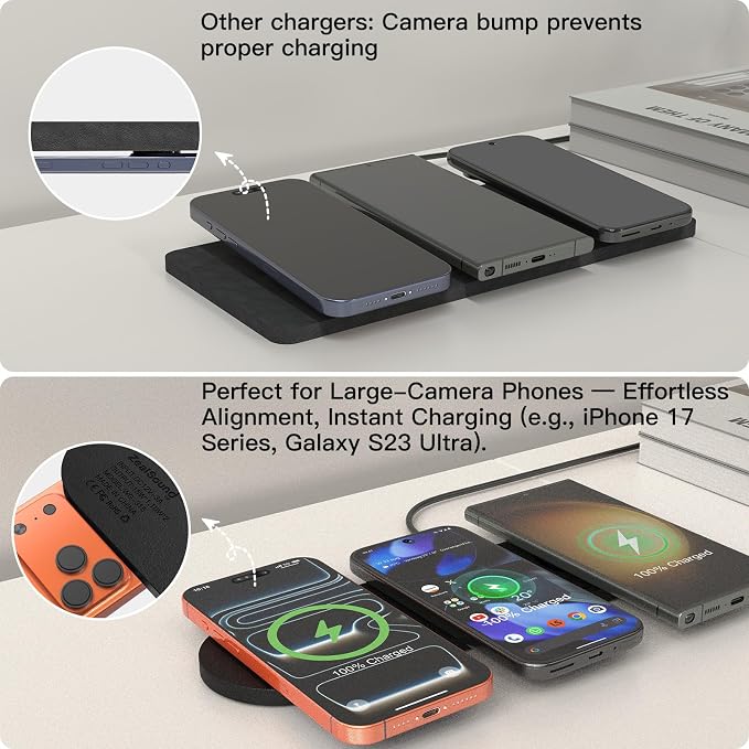 ZealSound 3-in-1 Wireless Charging Pad, Fast Charger Mat with 36W Adapter for iPhone 17/16/15, Samsung Galaxy, Pixel, AirPods & Galaxy Buds, Ultra Slim Case Friendly PU Leather for Home Office Travel