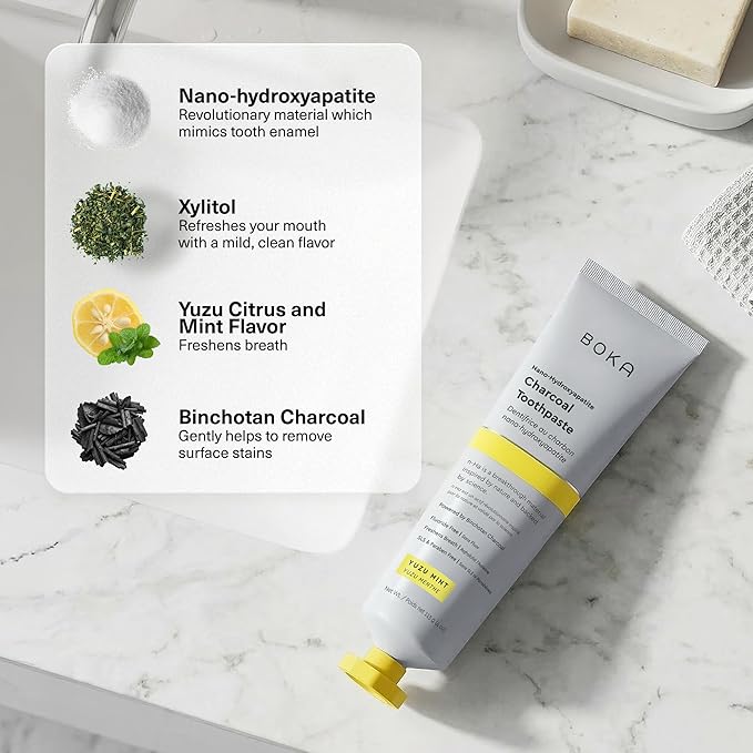 Boka Fluoride Free Toothpaste, Nano Hydroxyapatite Toothpaste, Appropriate for Sensitive Teeth - for Adult Oral Care - Charcoal Yuzu Mint Flavor, 4 Fl Oz 1Pk US Manufactured