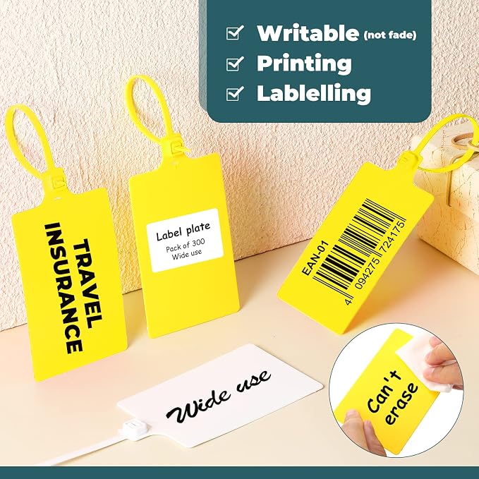300 Pcs Plastic Tags Seals Shipping Label 255 mm Total Length Waterproof Plastic Hanging Tags and 3 Color Marker Pens for Logistics Shipping Luggage Labeling Fastener (Yellow)