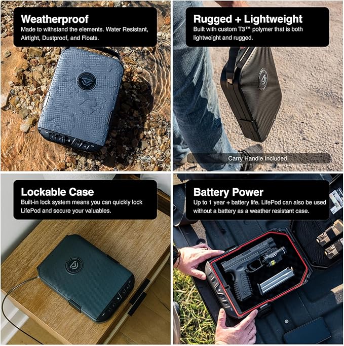 VAULTEK LifePod 20 Full-Size Biometric Lockable Weatherproof Case with Built-in Lock, Steel Security Cable, & TSA Handgun Case or Car Safe, Portable Travel Pistol Safe/Covert Black/Biometric