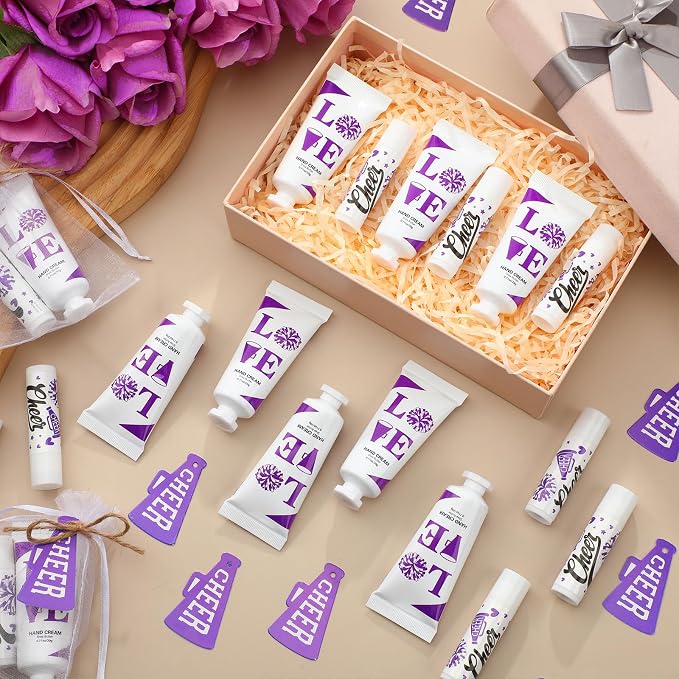 144 Pcs Cheerleading Lip Balms Hand Cream Sets Purple Cheerleading Party Supplies Including 36 Lip Balm and Moisturizing Hand Cream 36 Organza Bags Cards and Ropes for Team Thank You Gifts