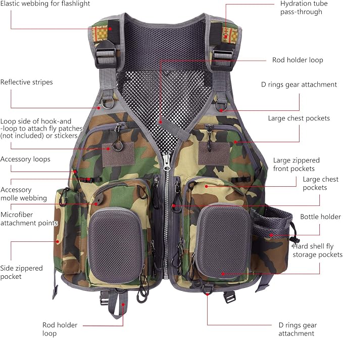 BASSDASH Strap Fishing Vest Adjustable for Men and Women, for Fly Bass Fishing and Outdoor Activities