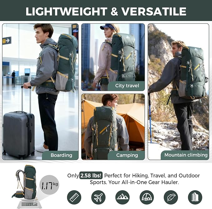 Bseash 65L Waterproof Hiking Camping Backpack with Rain Cover, Outdoor Sport Travel Daypack for Climbing Touring (Dark Green)