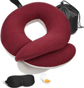 BUYUE Travel Neck Pillows for Airplanes, 360° Head Support Sleep for Long Flight, Skin-Friendly & Breathable, Kit with 3D Contoured Eye Mask, Earplugs and Storage Bag (Adult, Red, 90+ lbs)
