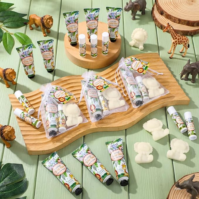 Loopeer 30 Set/150 Pcs Jungle Safari Baby Shower Favors for Guests Gifts Hand Cream Lip Balm Soap Party Favors Travel Size with Bags, Thanks You Card for Games Prizes Souvenirs