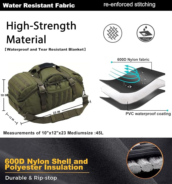 Miramrax Travel Duffle Bag Backpack for Men - Large Tactical Bags Weekender Gym Bag for Overnight Traveling Military Workout Deployment Sports (Green, 45L)