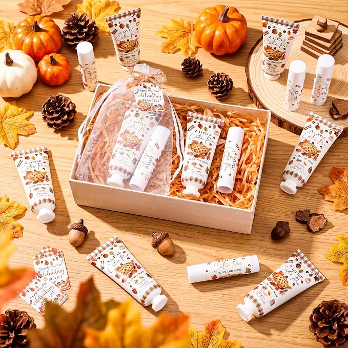 24 Set Fall Cutie Pie Baby Shower Hand Cream Lip Balm Gift Baby Shower Party Favors Maple Leaf Baking Travel Size Hand Lotion Lip Balm with Organza Bag Birthday Party Supplies for Guest Kids
