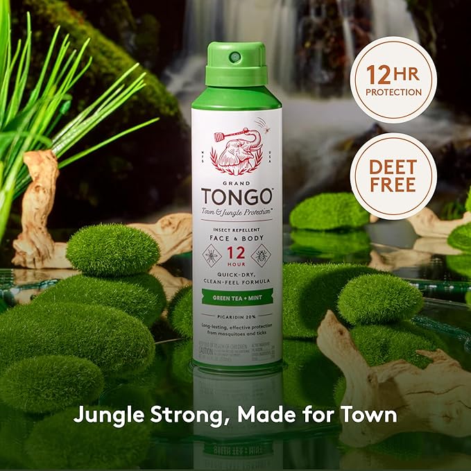 Grand Tongo Green Tea + Mint Insect Repellent, 12-Hour Mosquito & Tick Protection, Picaridin-Based, Water-Based, Lightweight, Quick-Drying, Vanishing Scent, DEET Alternative, Face & Body Use, 3 Pack