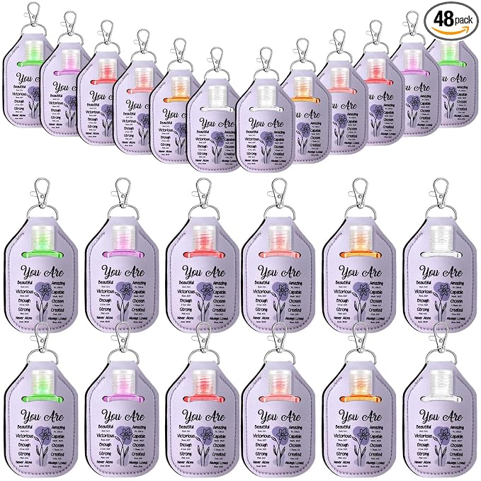 Frienda 24 Pcs Christian Scented Hand Sanitizer and 24 Keychain Holders Gifts for Women Bible Verse Religious Purple Sanitizers Gift for Christian Prayer Mom Pastor Mother's Day Appreciation Gifts