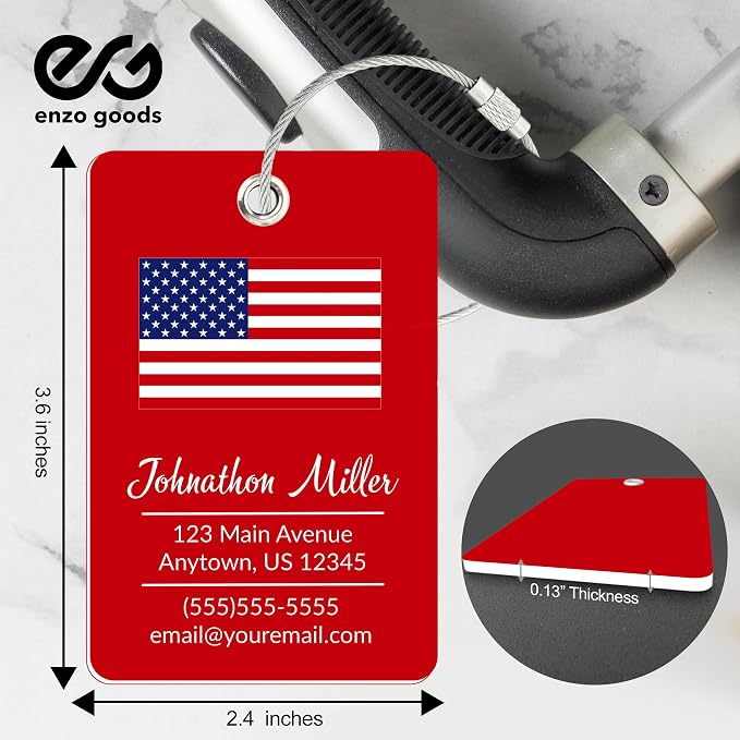 Personalized Luggage Tag with American Flag | Custom Luggage Tags for Suitcases | Kids Backpack Tag | 4 Color Options & Choose Font, Font Color