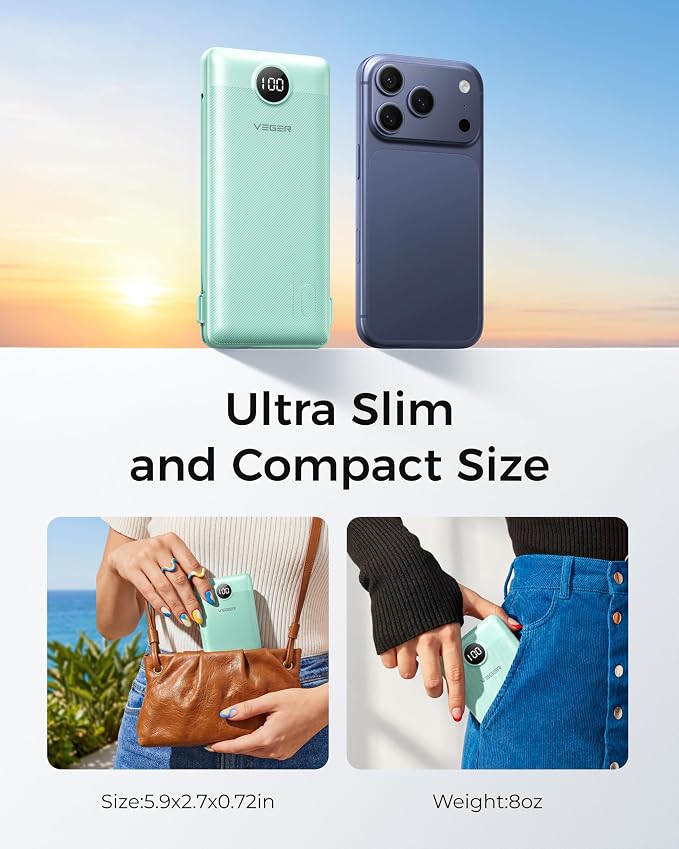 VEGER Portable Charger with Built-in AC Plug and Cables, All in One 10000mAh Ultra Slim Power Bank Emergency Fast Charging for Travel Battery Pack Compatible with iPhone, Samsung, Android, Green