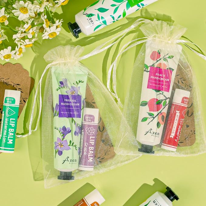 AZEN 30 Sets Bulk Gifts, Hand Cream and Lip Balm Bulk Set with Organza Bag Thank You Card, Baby Shower Wedding Gift for Guests, Bridal Wedding Favors for Guests, Mothers Day Gifts Stocking Stuffers