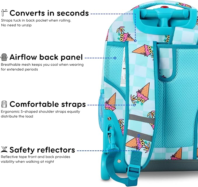 J World Sunrise Kids Rolling Backpack for Girls Boys. Roller Bookbag With Wheels For School, Ice Cone