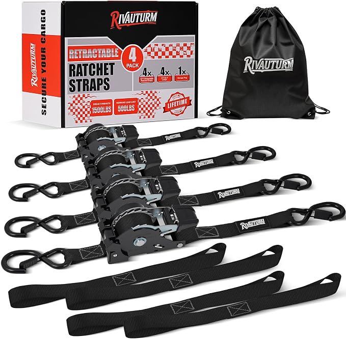Heavy Duty Retractable Ratchet Straps 4 Pack 1 Inch x 12 Feet (1,500lb Break Strength) Auto Self Retracting Tie-Down Straps for Motorcycle, Truck, Cargo Trailer, ATV, UTV - Black