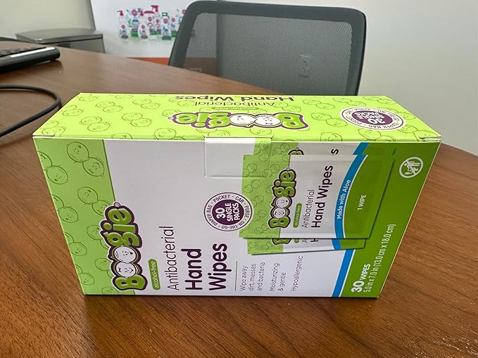 Boogie Antibacterial Hand Wipes - 30 Count - Hypoallergenic & Alcohol-Free - Individually Wrapped - Travel and Diaper Bag Essential