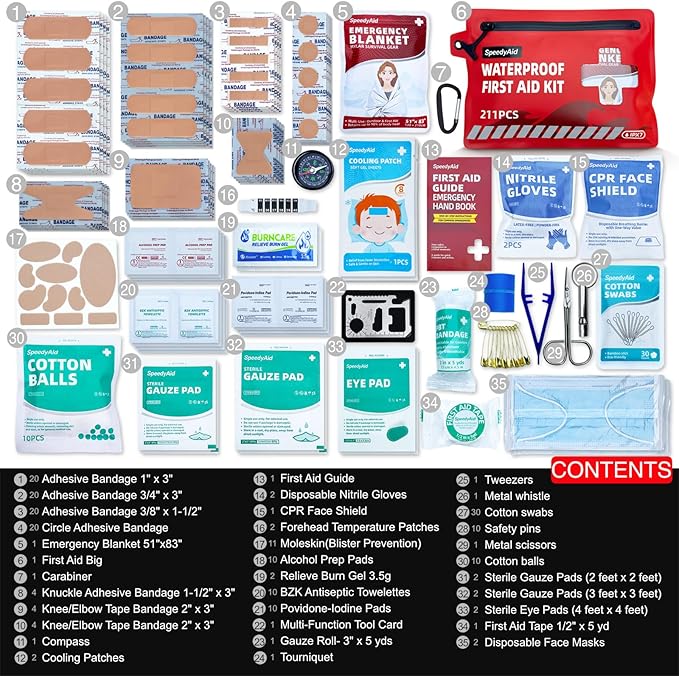 211 PCS Waterproof First Aid Kit, IPX7 Rated Dry Bag with Airtight Zipper, Portable Emergency Medical Supplies for Hiking, Boating, Swimming, Camping & Outdoor Activities