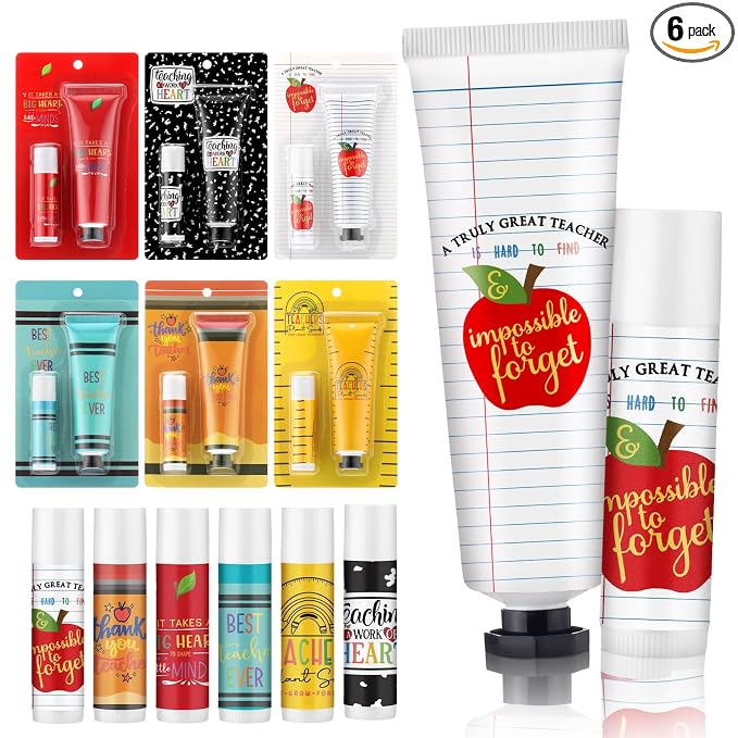 Loopeer 6 Sets Teacher Appreciation Gifts Bulk Hand Cream & Lip Balm Set Thank You Gifts for Teachers Staff Coworkers End of Year Graduation Travel Size Lotion Party Favors