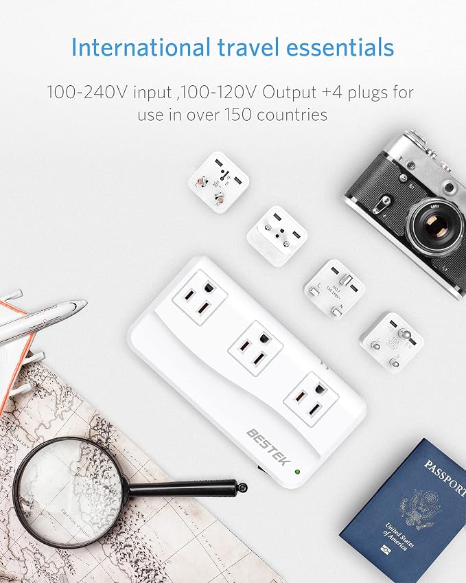 BESTEK Universal Travel Adapter 220V to 110V Voltage Converter with 6A 4-Port USB Charging and UK/AU/US/EU Worldwide Plug Adapter