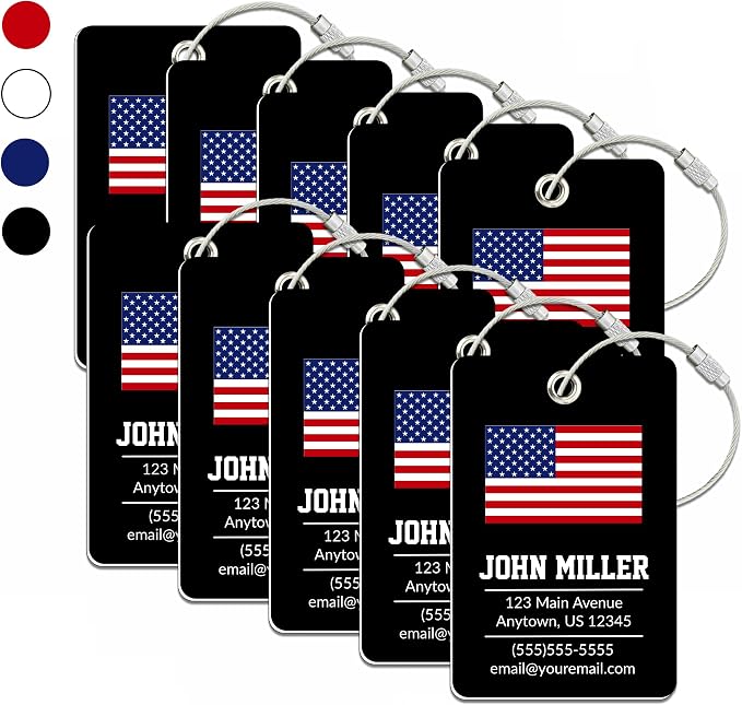 Personalized Luggage Tag with American Flag | 10 Pack | Custom Luggage Tags for Suitcases | Kids Backpack Tag | 4 Color Options & Choose Font, Font Color