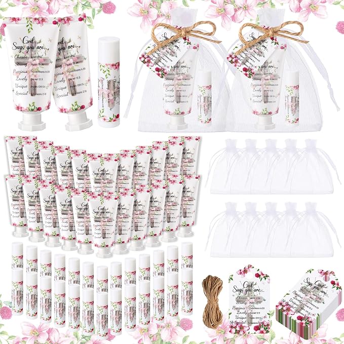 48 Sets Christian Graduation Gifts Hand Cream and Lip Balm Bulk Teacher Appreciation Gifts Travel Size for Her Bible Verse Thank You Cards with Organza Bag Tag for Graduation Supplies(Classic)