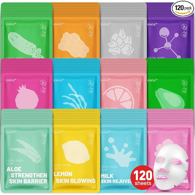 KONEUK 120 Pack Collagen Essence Sheet Face Masks Skincare, Moisturizing & Hydrating Face Mask for Skin Care, Bulk Face Masks for All Skin Types, Spa Party Gifts for Women (12 Types x 10 Pcs)