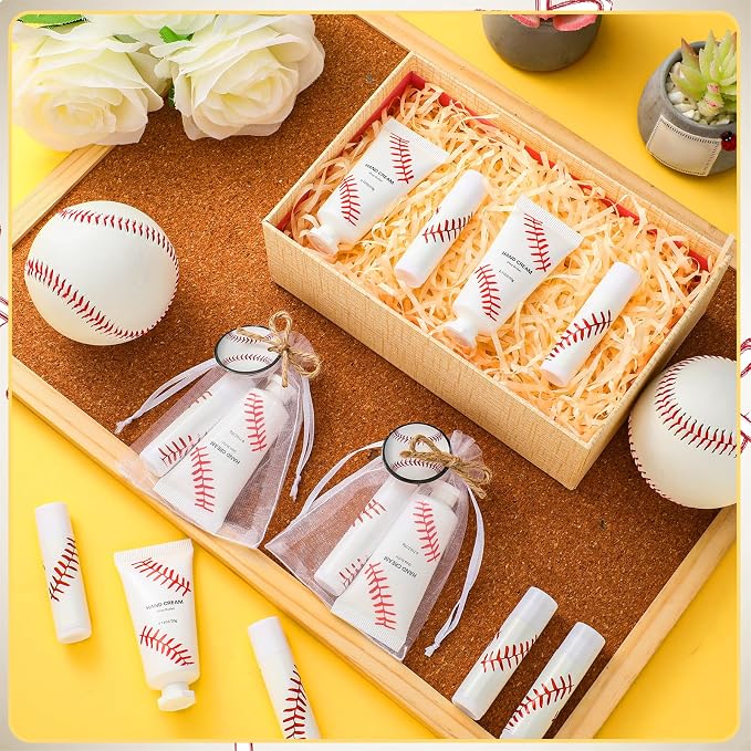 144 Pcs Lip Balm Hand Cream Set Party Favors, Include 36 Lip Balm 36 Moisturizing Hand Cream 36 Bags 36 Cards and Ropes for Accessories Gifts(Red and White,Baseball)
