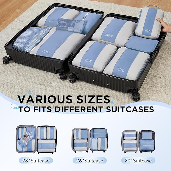 10 Set Compression Packing Cubes for Travel Essentials,Compressible Expandable Packing Cubes for Suitcase,OlarHike Luggage Garment Bags for Travel,Handy Helper for Organizing Clothes(Light Blue)