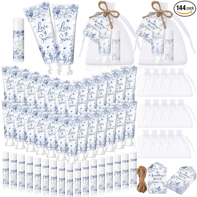 48 Sets Something Blue Before I Do Bridal Shower Hand Cream and Lip Balm Gift Bulk Blue Floral Wedding Favors Travel Size Hand Lotion and Lip Balm Bridal Shower Party Supplies for Guest